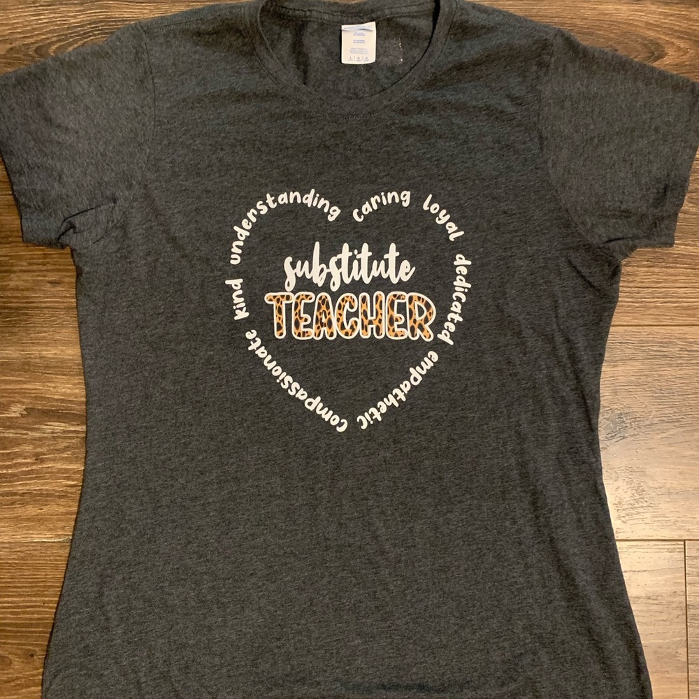 “Substitute Teacher” Heart/Leopard Design Fitted T Shirt Women L